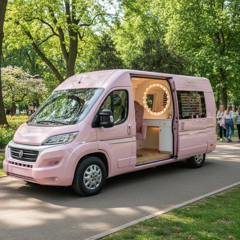 Ein rosa Van mit offenem seitlichen Eingang, der eine stilvolle Inneneinrichtung mit einem großen Spiegel zeigt, steht im Park.