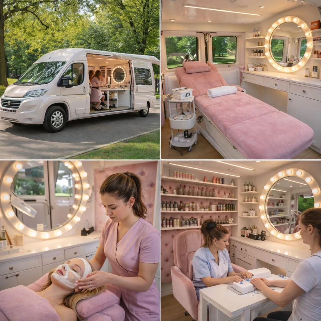 Ein Wohnmobil, das als mobiles Schönheitsstudio dient, mit einem Behandlungsraum, Beleuchtung, Kosmetikprodukten und einer Kundin.
