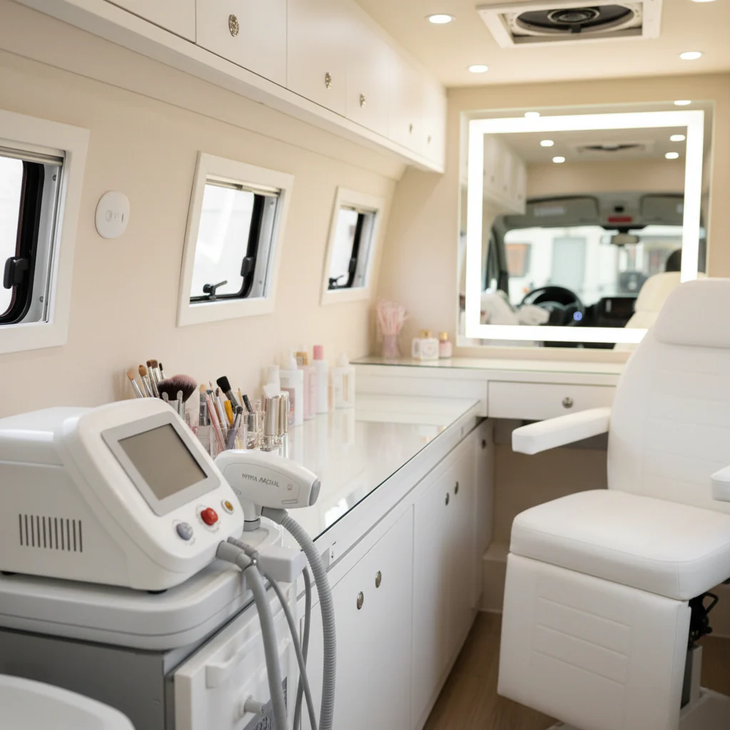 Der Innenraum eines modernen Schönheitssalons auf Rädern, ausgestattet mit einem Behandlungsstuhl und einer Vielzahl von Kosmetikgeräten.