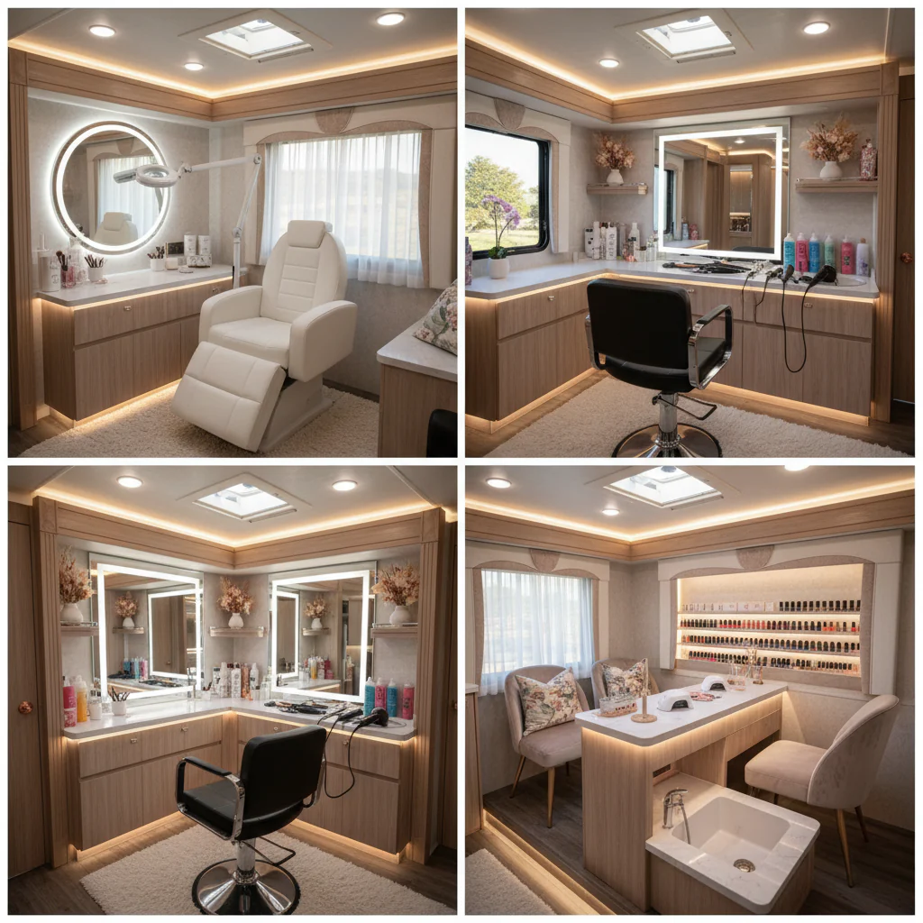 Moderne Schönheitssalon mit einem eleganten Schminktisch, einem Hautbehandlungsstuhl und hellen, einladenden Farben.