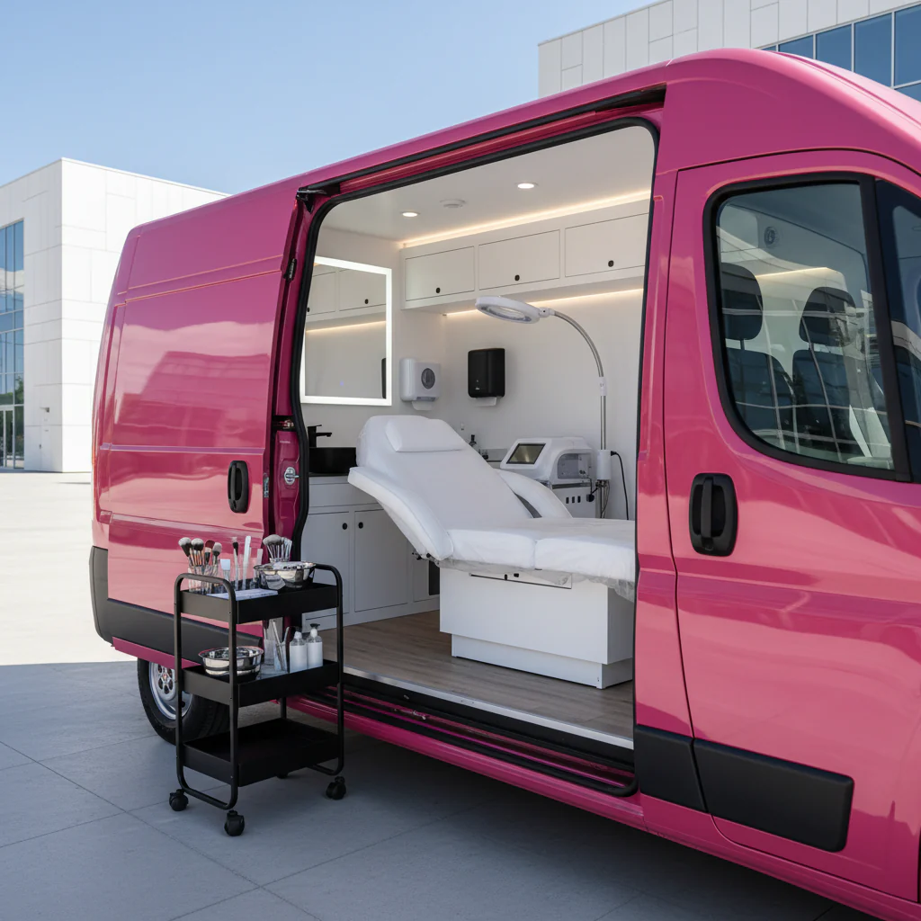 Ein pinkfarbener Van mit geöffneter Tür, der innen eine moderne Schönheitspraxis zeigt, inklusive Behandlungsstuhl und Equipment.