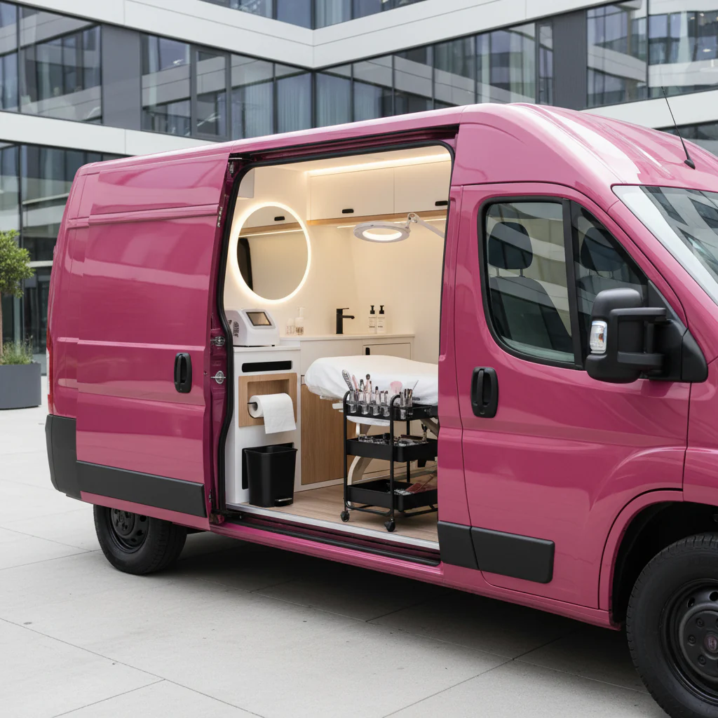 Ein pinkfarbener Van mit offener Tür, der ein modernes, stylisches Innenleben zeigt, das als mobiles Kosmetikstudio dient.