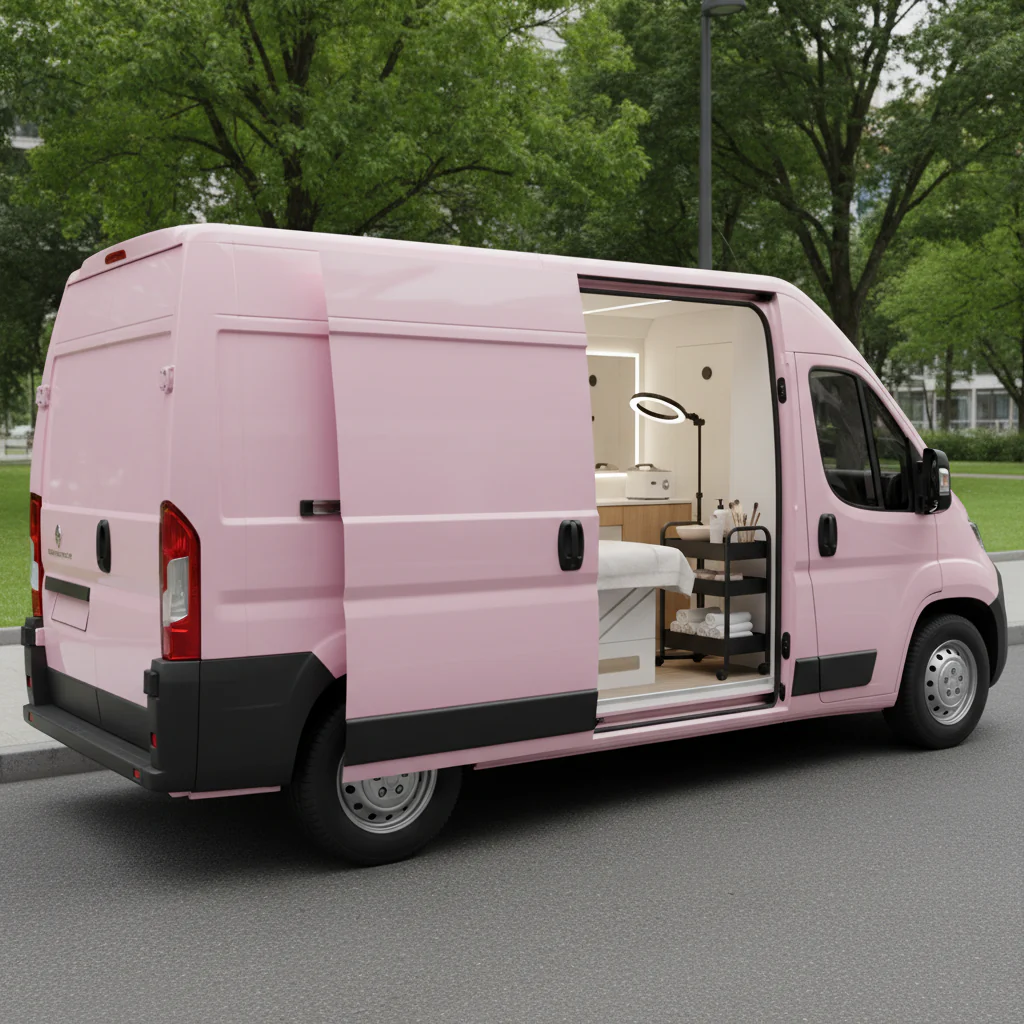 Ein rosa Kastenwagen mit geöffneten Seitentüren, in dem sich ein mobiler Arbeitsplatz oder eine hochwertige Ausstattung befindet.