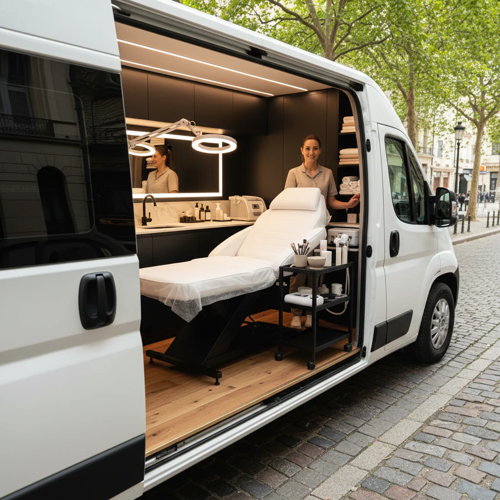 Ein moderner Beauty-Van mit einer behandelbaren Liege und kosmetischer Ausstattung, in dem eine Fachkraft steht.