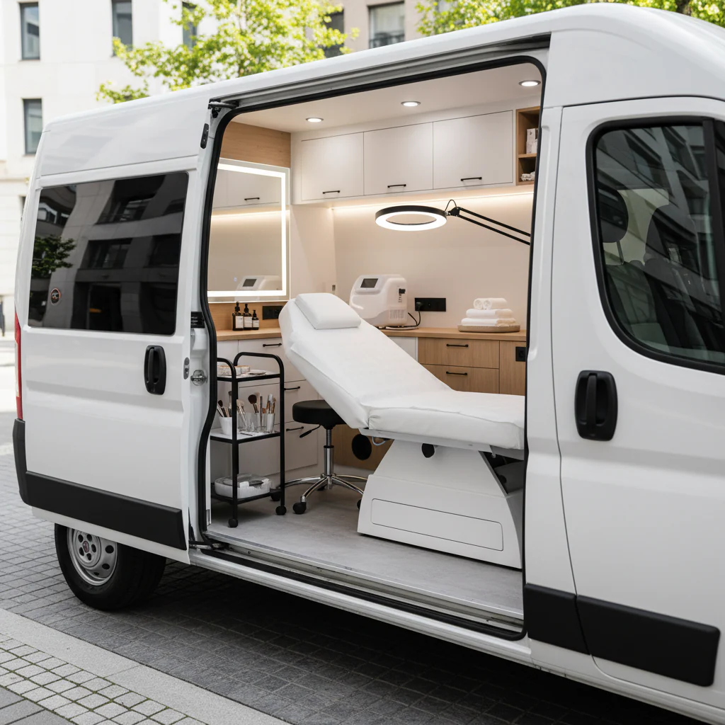 Ein Mobile Beauty Salon mit einem Behandlungstisch und kosmetischen Geräten, in einem modernen weißen Fahrzeug auf der Straße.