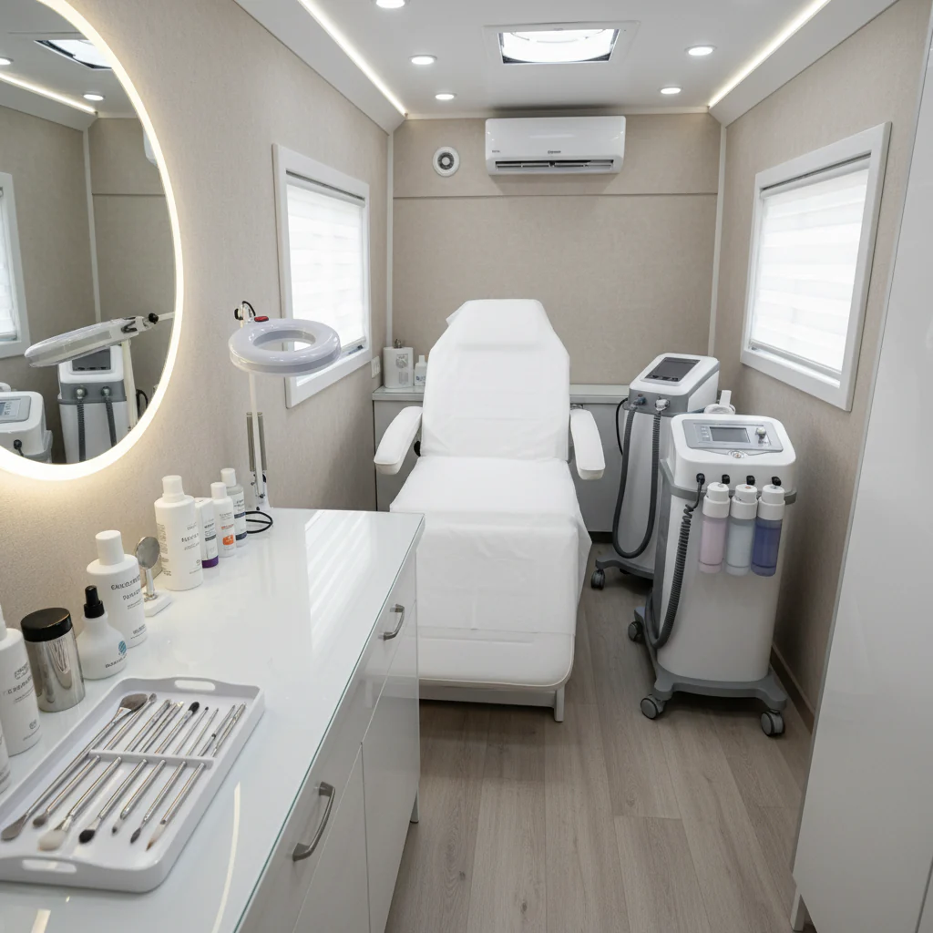 Ein moderner Behandlungsraum mit einem weißen Behandlungstisch, kosmetischen Produkten und einem Hautpflegesystem in neutralen Farben.