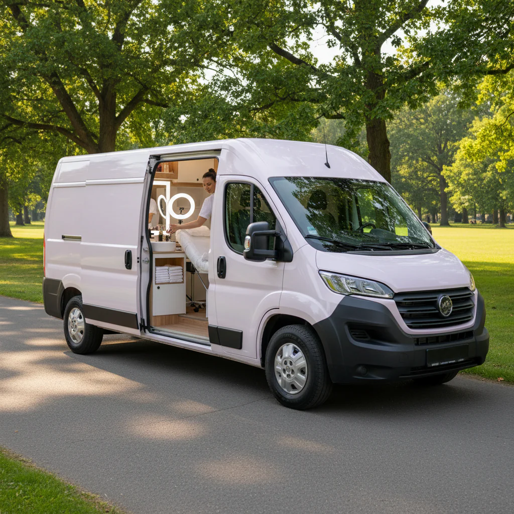 Ein rosa Transporter, der auf einer Straße in einem Park steht, mit geöffneten Türen, sichtbar ist der Innenraum mit Möbeln.