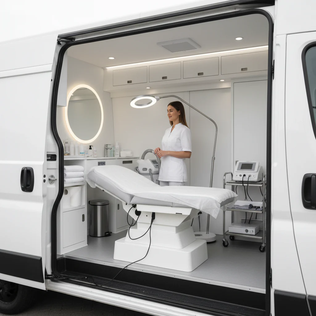 Ein mobiler Schönheitssalon, der aus einem Van aufgebaut ist, mit einer Behandlungsliege und einer Kosmetikerin, die darauf vorbereitet ist, Kunden zu empfangen.