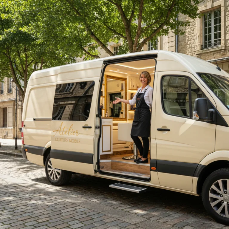 Eine Frau in schwarzem Schürzenoutfit steht an der offenen Tür eines mobilen Nähateliers, umgeben von Bäumen und historischen Gebäuden.