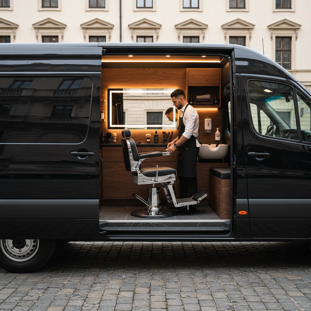 Ein moderner Friseursalon in einem schwarzen Van, mit einem Friseur, der einen Haarschnitt an einem Stuhl mit Spiegel vorbereitet.