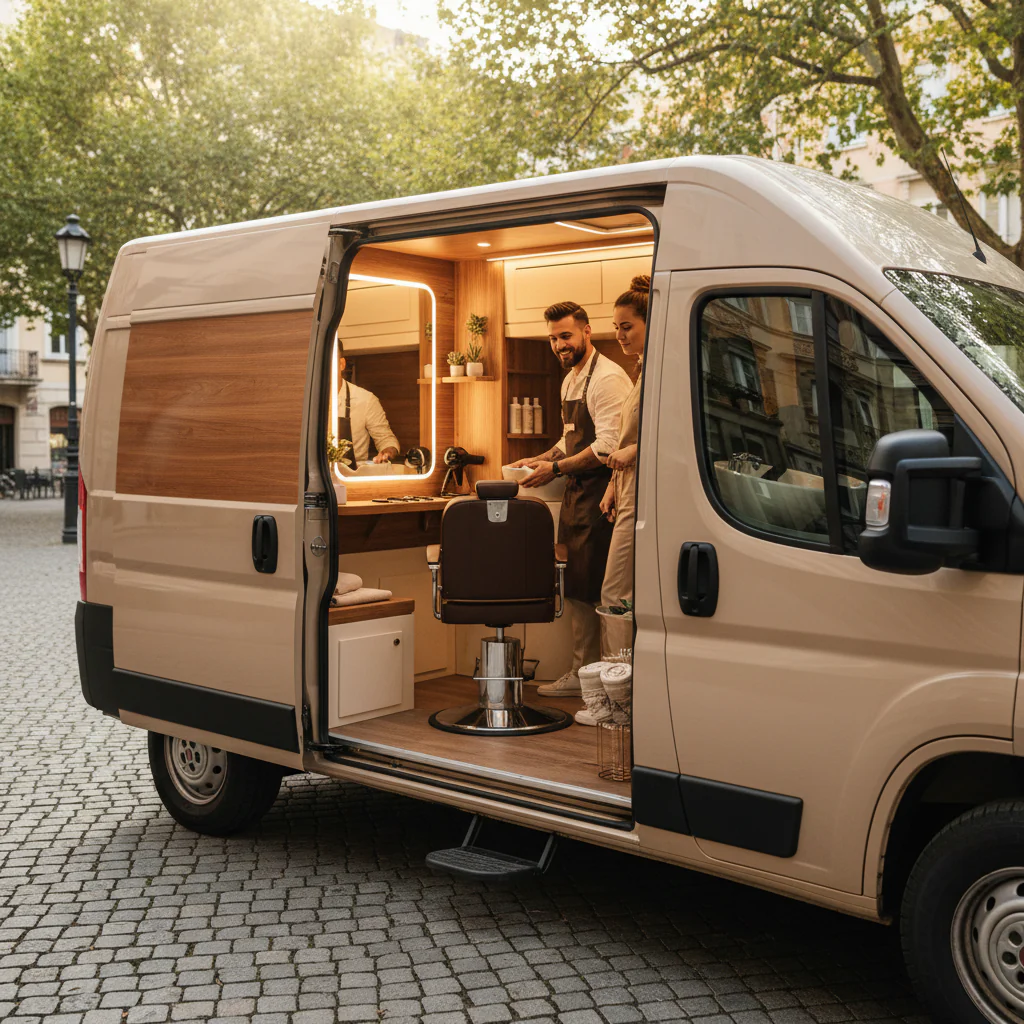 Ein mobiler Friseursalon in einem Van, der eine friseurspezifische Einrichtung mit Stuhl, Spiegel und Pflegeprodukten zeigt.