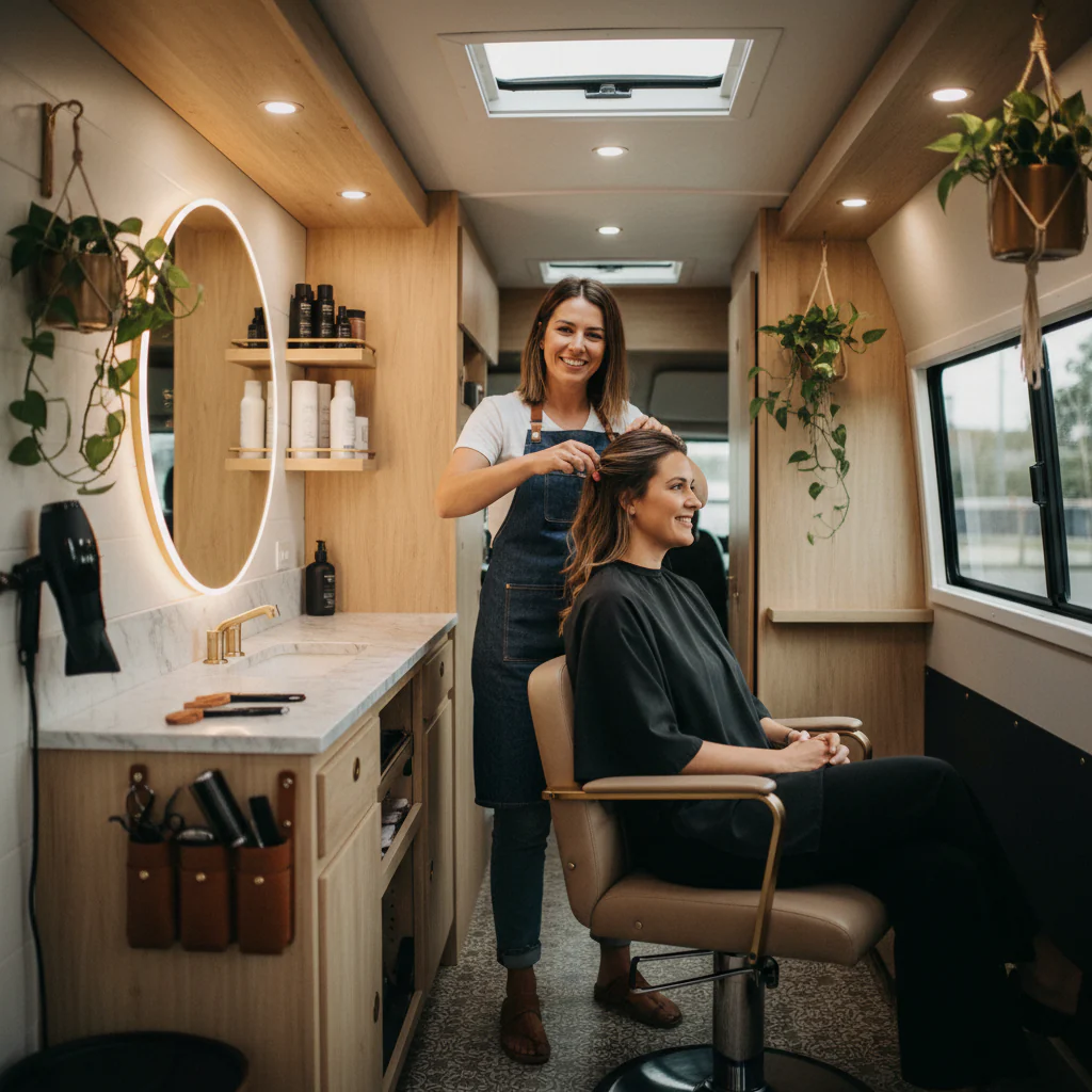 Eine Frisörin frisiert eine Kundin in einem stilvollen Friseursalon in einem umgebauten Wohnmobil. Pflanzen hängen an der Wand.