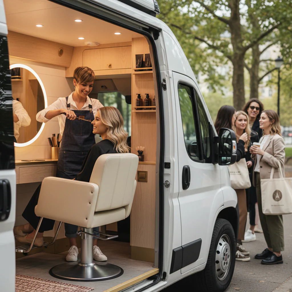 Eine Friseurin schneidet das Haar einer Kundin in einem stilvollen mobilen Salon, während eine Gruppe Frauen zuschaut.