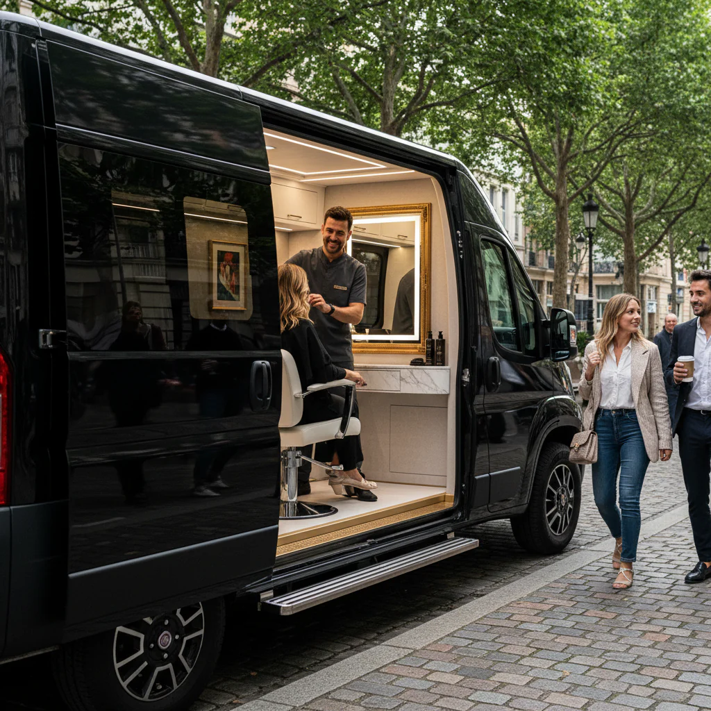 Ein mobiles Friseurstudio in einem schwarzen Van, das an einer Straße parkt, mit einem Friseur, der eine Kundin frisiert, während ein Paar vorbeigeht.