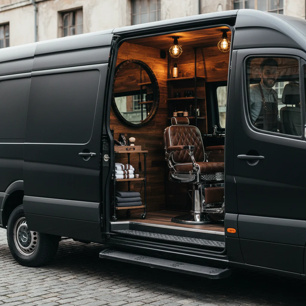 Ein umgebauter Lieferwagen mit modernem Barbershop-Interieur, der eine elegante Friseurlounge mit einem Stuhl und Spiegel zeigt.