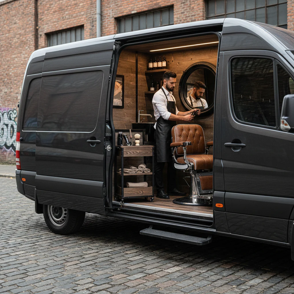 Ein Friseursalon im Lieferwagen, ausgestattet mit einem Friseurstuhl und Spiegel, während der Friseur einen Kunden frisiert.