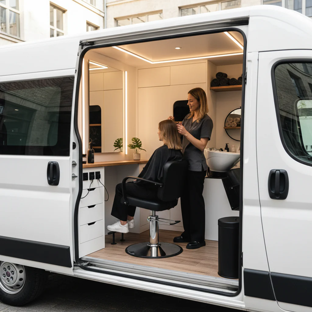 Eine mobile Friseureinrichtung in einem weißen Van, mit einer Friseurin, die einer Kundin die Haare stylt.
