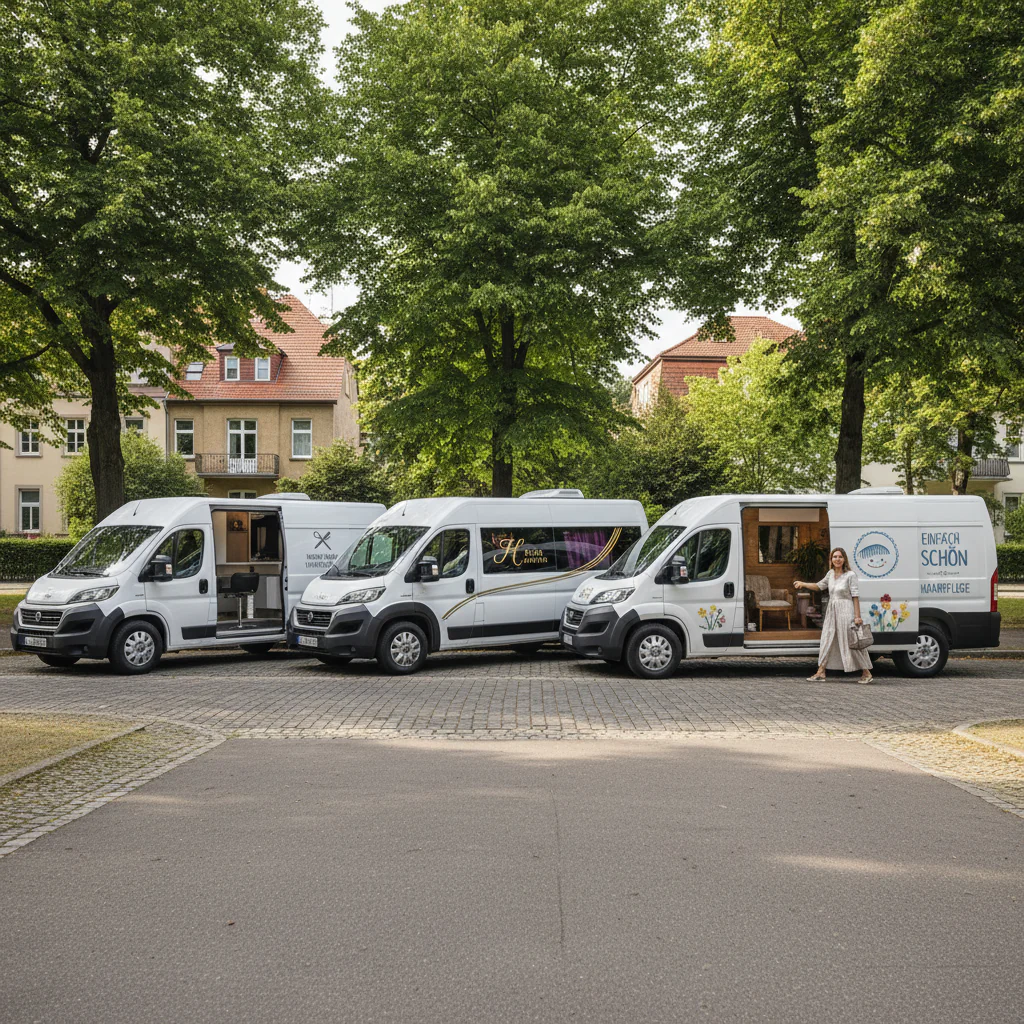 Drei white Vans stehen auf einer Straße, umgeben von hohen Bäumen, mit verschiedenen Beschriftungen und Designs.