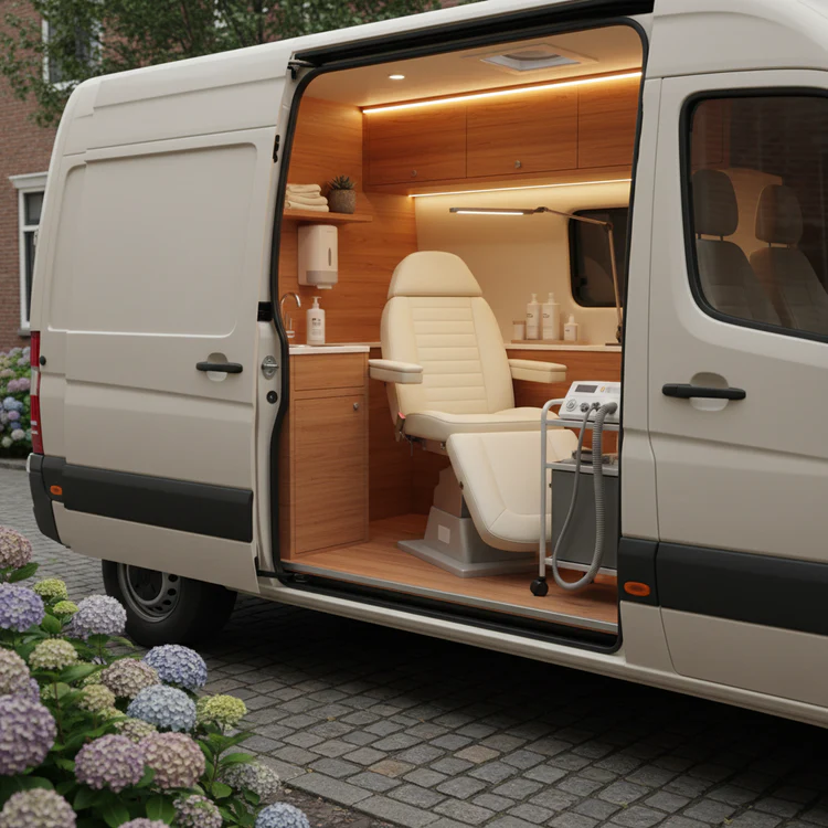 Ein umgebauter Transporter mit einem modernen Behandlungsraum, ausgestattet mit einem Behandlungstuhl und Holzverkleidung.