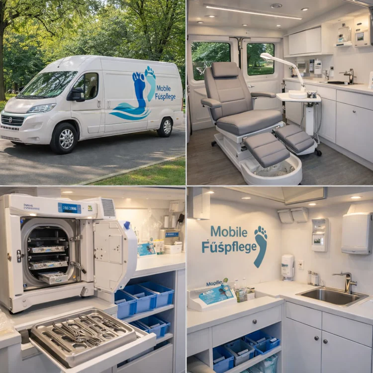 Ein mobiler Fuspüpflegeservice mit einem Van und einem modernen Behandlungsraum, ausgestattet mit einem Behandlungsstuhl, medizinischen Geräten und einem Waschbereich.