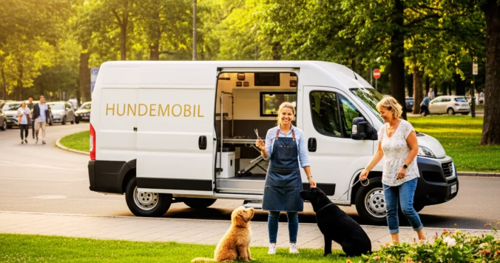 Zwei Frauen stehen neben einem weißen Hundemobil und interagieren mit drei Hunden im Park.