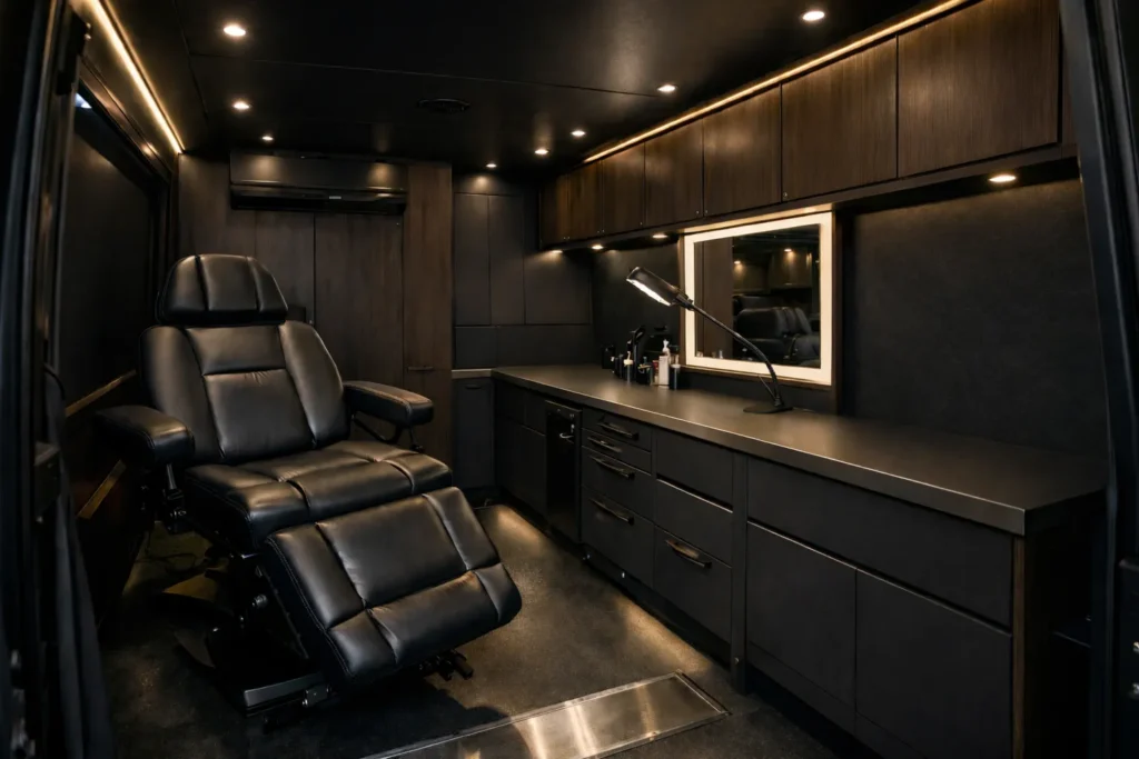 Moderne Inneneinrichtung eines mobilen Kosmetikstudios mit einem schwarzen Behandlungsstuhl und eleganten, dunklen Holzpanelen.