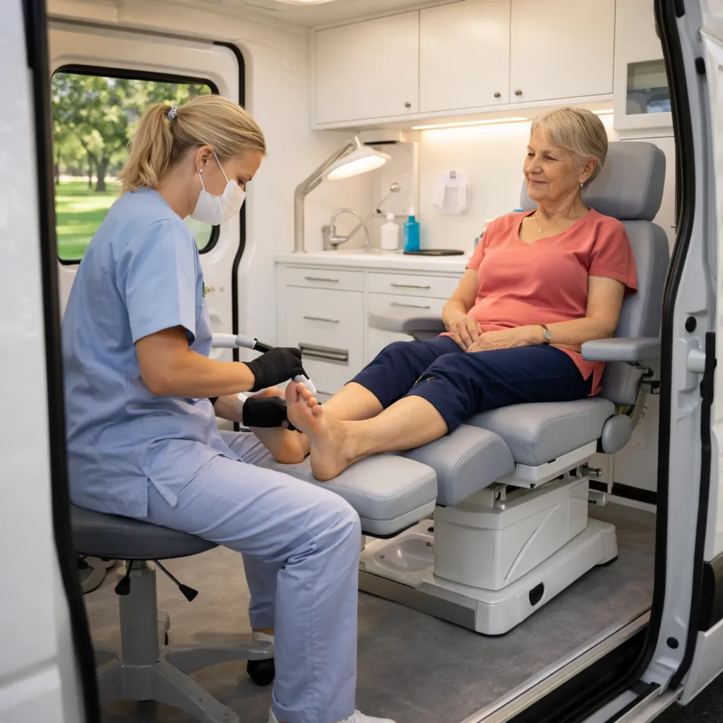 Eine Krankenschwester behandelt die Füße einer älteren Frau in einem modernen, mobilen Behandlungsraum.