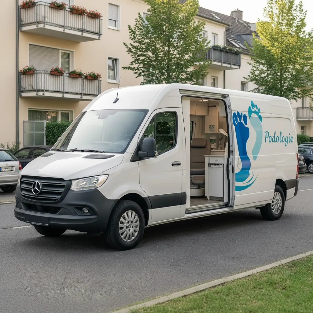 Ein weißer Mercedes-Benz Sprinter mit offenen Schiebetüren, der für podologische Dienstleistungen ausgestattet ist, steht auf einer Straße.