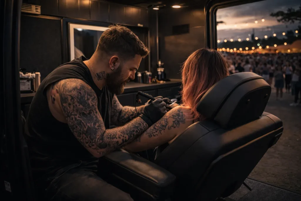 Ein tätowierender Künstler arbeitet an der Schulter einer Frau in einem mobilen Tattoo-Studio bei Sonnenuntergang.