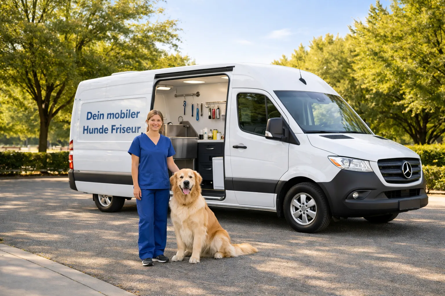 Eine Frau in blauer Arbeitskleidung steht neben einem goldenen Retriever vor einem mobilen Hundesalon, der in einem Lieferwagen untergebracht ist.