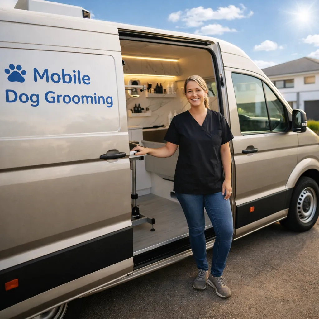 Eine Frau steht an der offenen Tür eines fahrenden Hundesalons mit dem Schriftzug „Mobile Dog Grooming“.