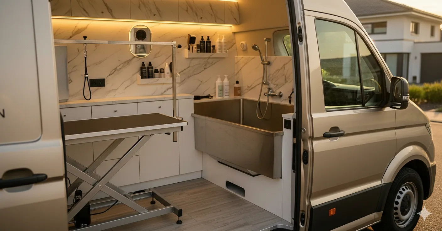 Der Innenraum eines umgebauten Vans mit einem modernen Hundewaschplatz, inklusive Waschbecken und Arbeitsfläche.