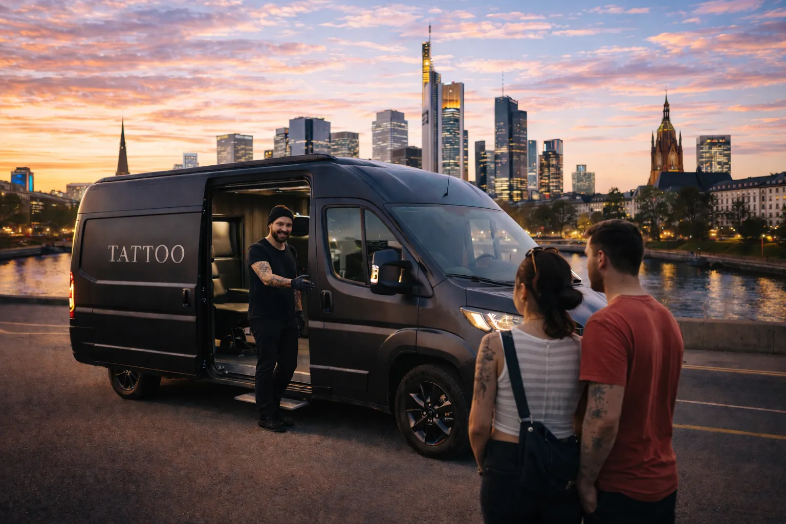 Ein tätowierter Künstler steht vor einem Tattoo-Mobil. Im Hintergrund sind moderne Wolkenkratzer und ein Sonnenuntergang sichtbar.