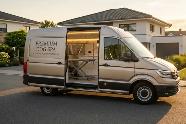 Ein goldfarbener Transporter mit der Aufschrift "Premium Dog Spa" steht an einer Wohnstraße. Die Tür ist offen und zeigt eine mobile Hundepflegeeinrichtung innen.