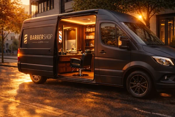 Ein moderner, umgebauter Transporter mit offenem Innenraum, der als Barbershop dient, steht auf einer nassen Straße bei Sonnenuntergang.