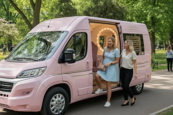 Zwei Frauen steigen aus einem rosa Food Truck in einem parkähnlichen Umfeld mit grünen Bäumen und Blumen.