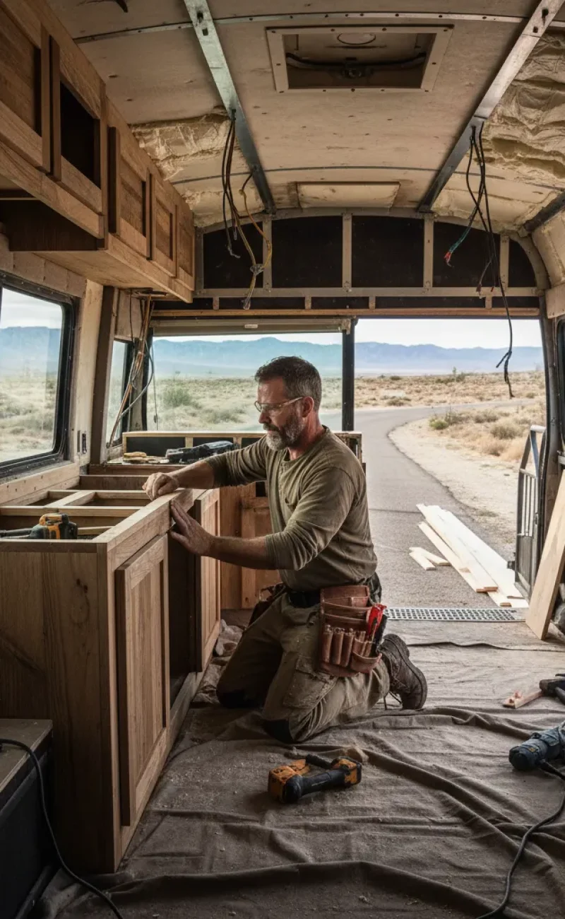 Ein Handwerker baut Holzschränke in einem ausgebauten Wohnmobil, umgeben von Werkzeugen und Materialien, mit einer ländlichen Straße im Hintergrund.